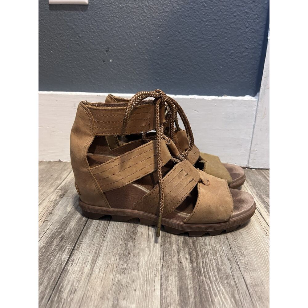 SOREL JOANIE II TAN Leather BROWN LACE WEDGE SANDALS Sz 7.5 - Picture 6 of 9